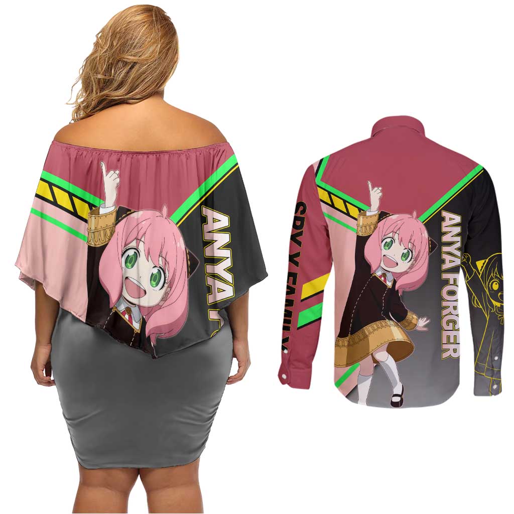 Anya Forger Spy x Family Pink and Black Theme Couples Matching Off Shoulder Short Dress and Long Sleeve Button Shirt with Cheerful Pose and Cartoon Style Accents - The Mazicc