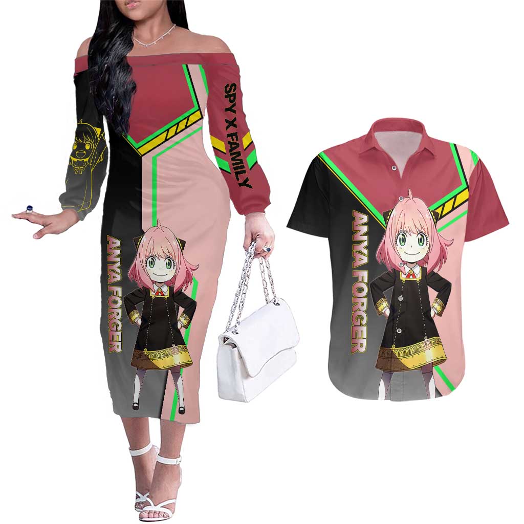 Anya Forger Spy x Family Pink and Black Theme Couples Matching Off The Shoulder Long Sleeve Dress and Hawaiian Shirt with Cheerful Pose and Cartoon Style Accents - The Mazicc