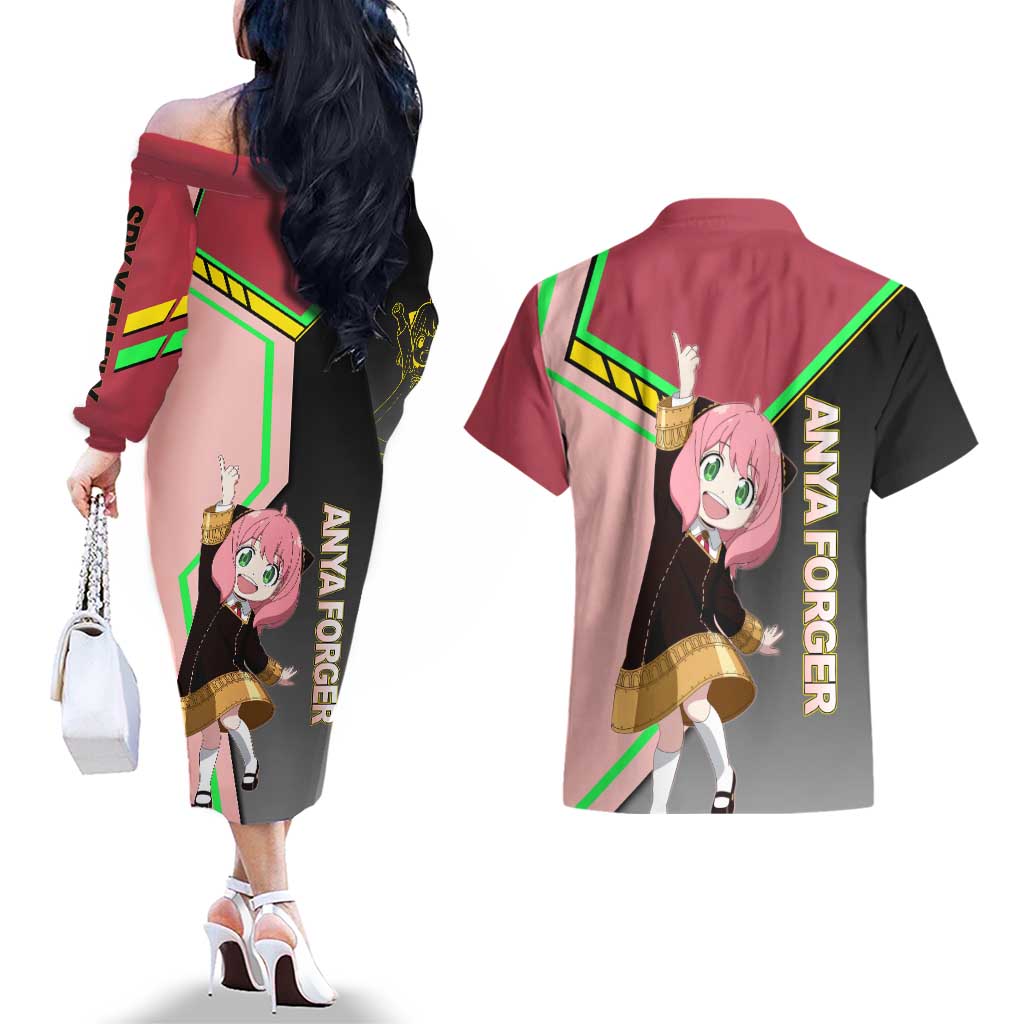 Anya Forger Spy x Family Pink and Black Theme Couples Matching Off The Shoulder Long Sleeve Dress and Hawaiian Shirt with Cheerful Pose and Cartoon Style Accents - The Mazicc