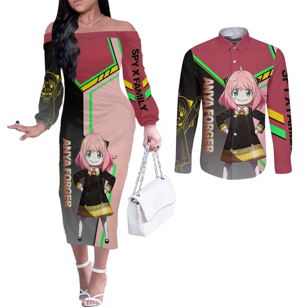 Anya Forger Spy x Family Pink and Black Theme Couples Matching Off The Shoulder Long Sleeve Dress and Long Sleeve Button Shirt with Cheerful Pose and Cartoon Style Accents - The Mazicc