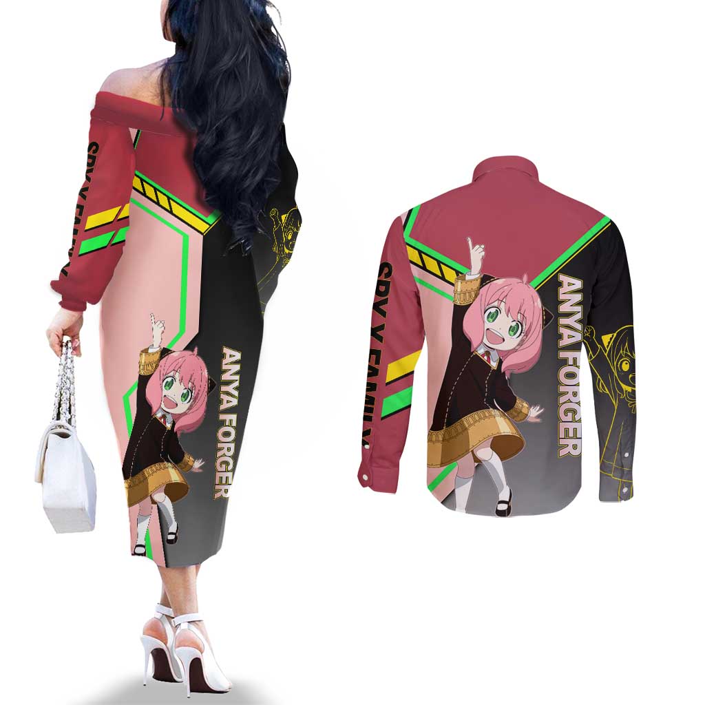 Anya Forger Spy x Family Pink and Black Theme Couples Matching Off The Shoulder Long Sleeve Dress and Long Sleeve Button Shirt with Cheerful Pose and Cartoon Style Accents - The Mazicc