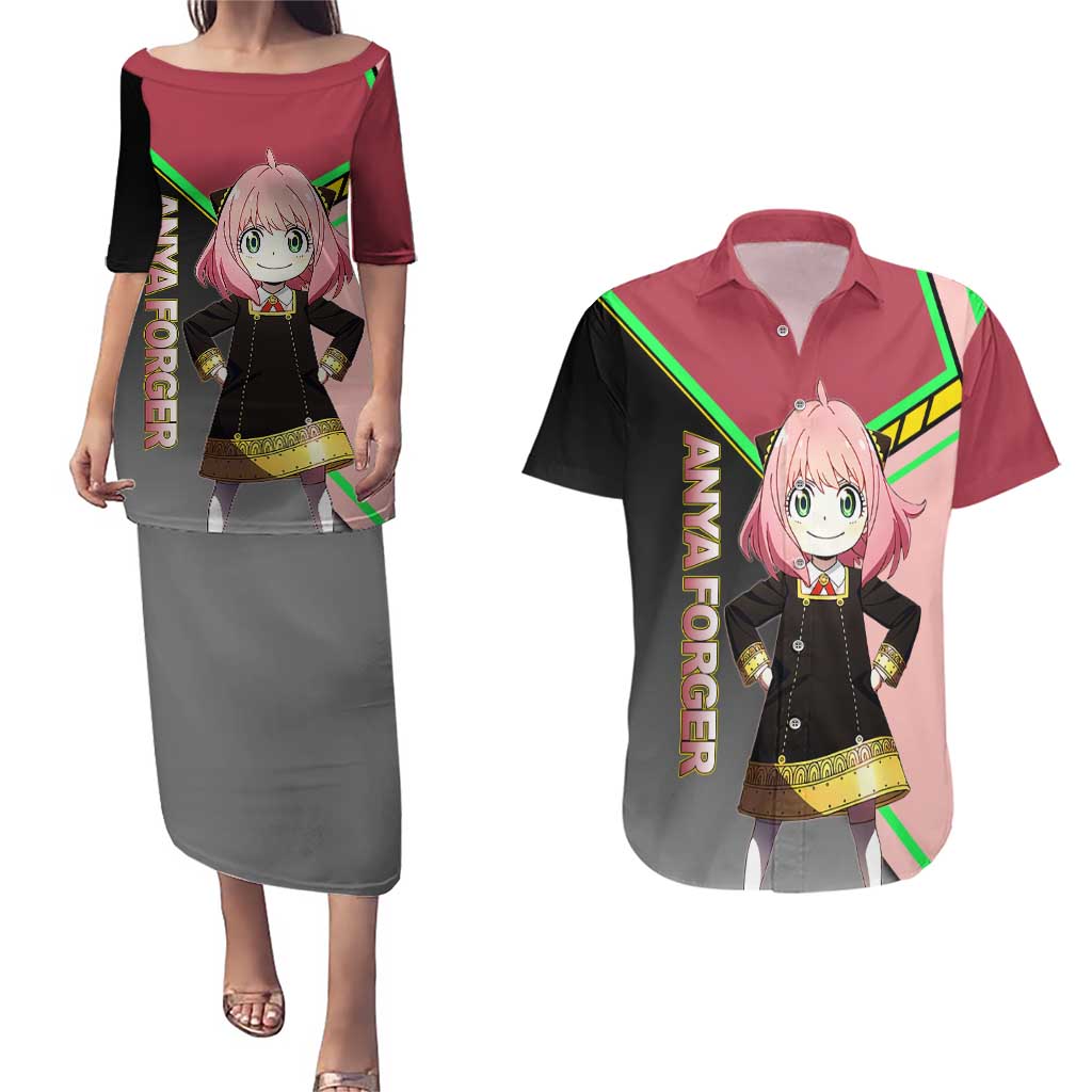 Anya Forger Spy x Family Pink and Black Theme Couples Matching Puletasi and Hawaiian Shirt with Cheerful Pose and Cartoon Style Accents - The Mazicc