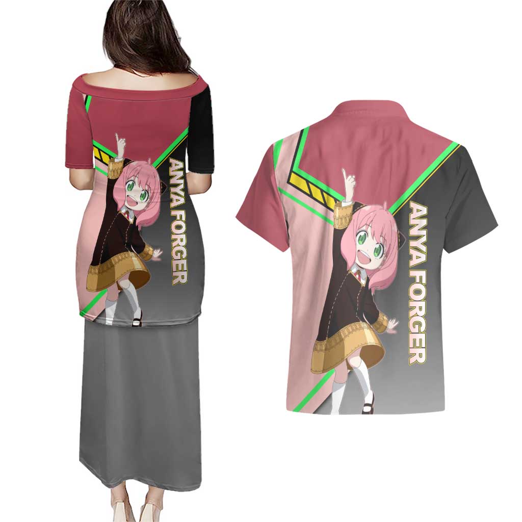 Anya Forger Spy x Family Pink and Black Theme Couples Matching Puletasi and Hawaiian Shirt with Cheerful Pose and Cartoon Style Accents - The Mazicc