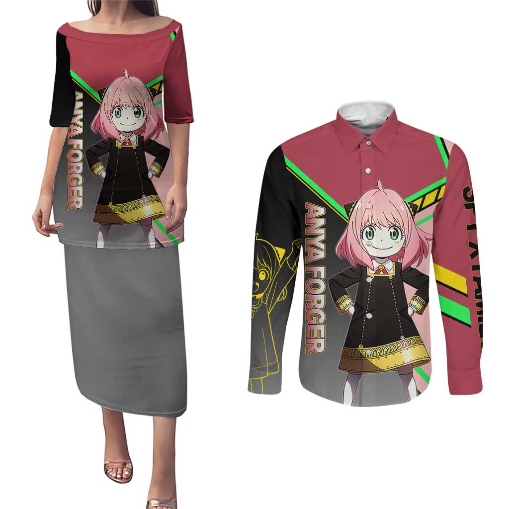 Anya Forger Spy x Family Pink and Black Theme Couples Matching Puletasi and Long Sleeve Button Shirt with Cheerful Pose and Cartoon Style Accents - The Mazicc