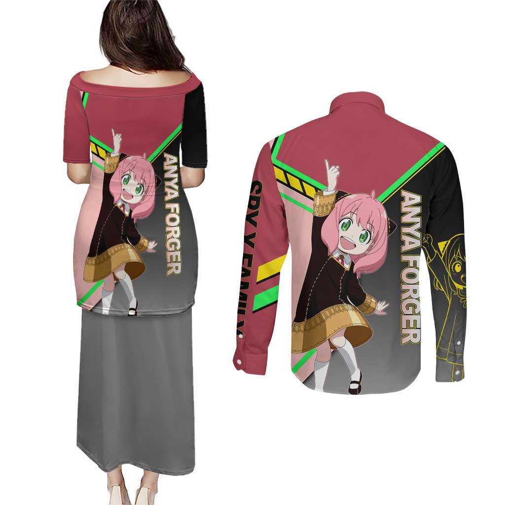 Anya Forger Spy x Family Pink and Black Theme Couples Matching Puletasi and Long Sleeve Button Shirt with Cheerful Pose and Cartoon Style Accents - The Mazicc