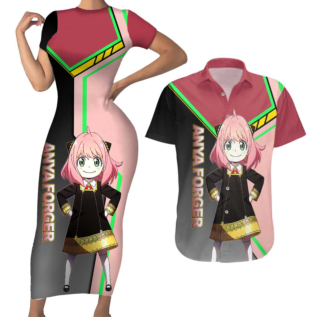 Anya Forger Spy x Family Pink and Black Theme Couples Matching Short Sleeve Bodycon Dress and Hawaiian Shirt with Cheerful Pose and Cartoon Style Accents - The Mazicc