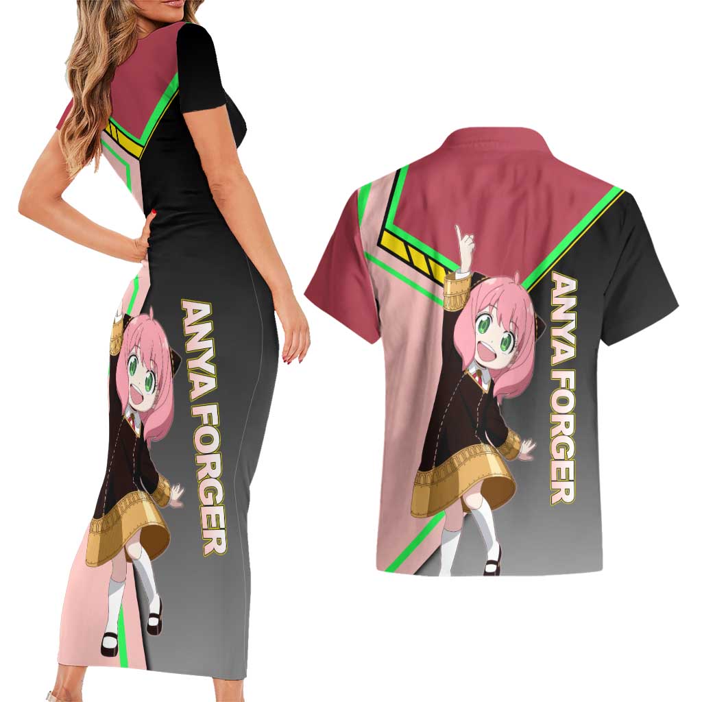 Anya Forger Spy x Family Pink and Black Theme Couples Matching Short Sleeve Bodycon Dress and Hawaiian Shirt with Cheerful Pose and Cartoon Style Accents - The Mazicc