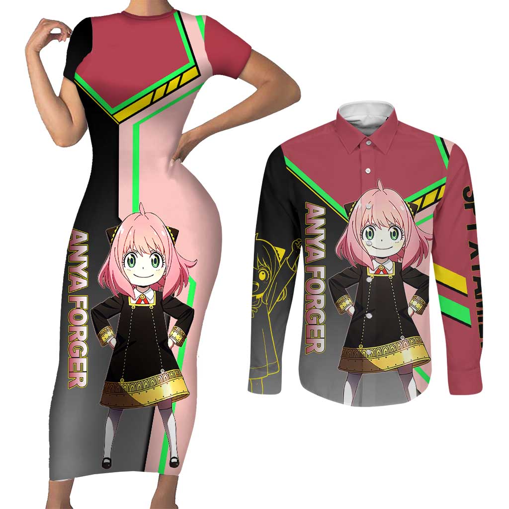 Anya Forger Spy x Family Pink and Black Theme Couples Matching Short Sleeve Bodycon Dress and Long Sleeve Button Shirt with Cheerful Pose and Cartoon Style Accents - The Mazicc