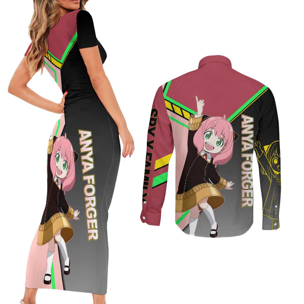 Anya Forger Spy x Family Pink and Black Theme Couples Matching Short Sleeve Bodycon Dress and Long Sleeve Button Shirt with Cheerful Pose and Cartoon Style Accents - The Mazicc