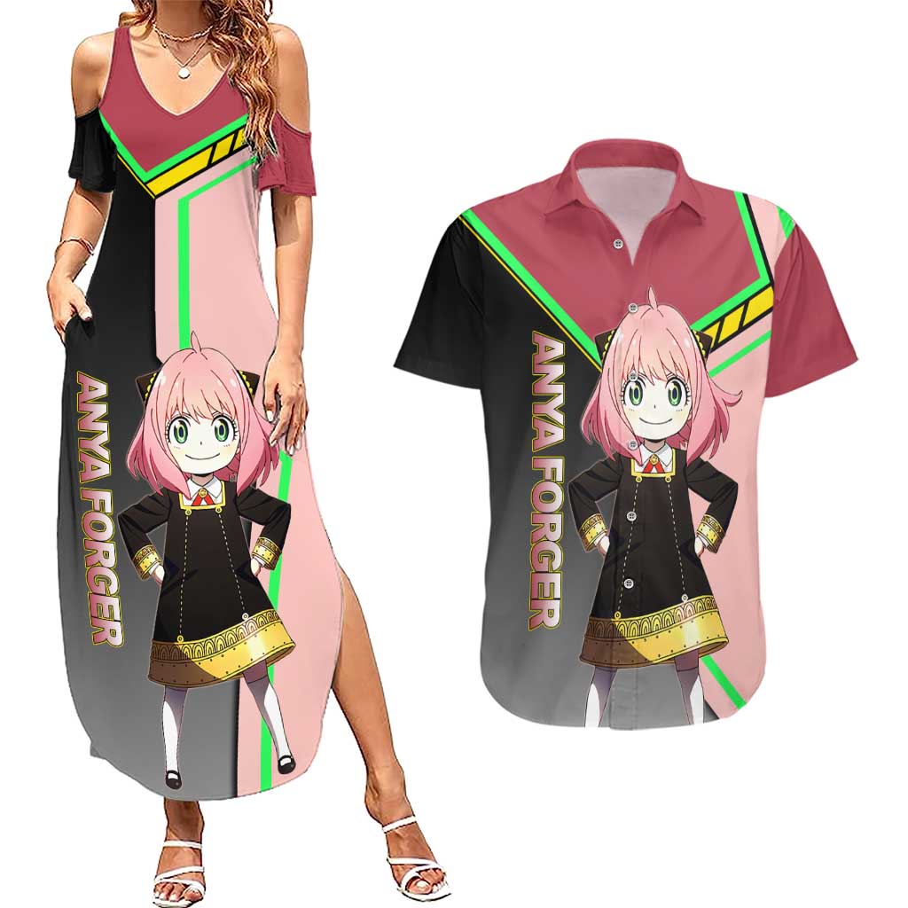 Anya Forger Spy x Family Pink and Black Theme Couples Matching Summer Maxi Dress and Hawaiian Shirt with Cheerful Pose and Cartoon Style Accents - The Mazicc