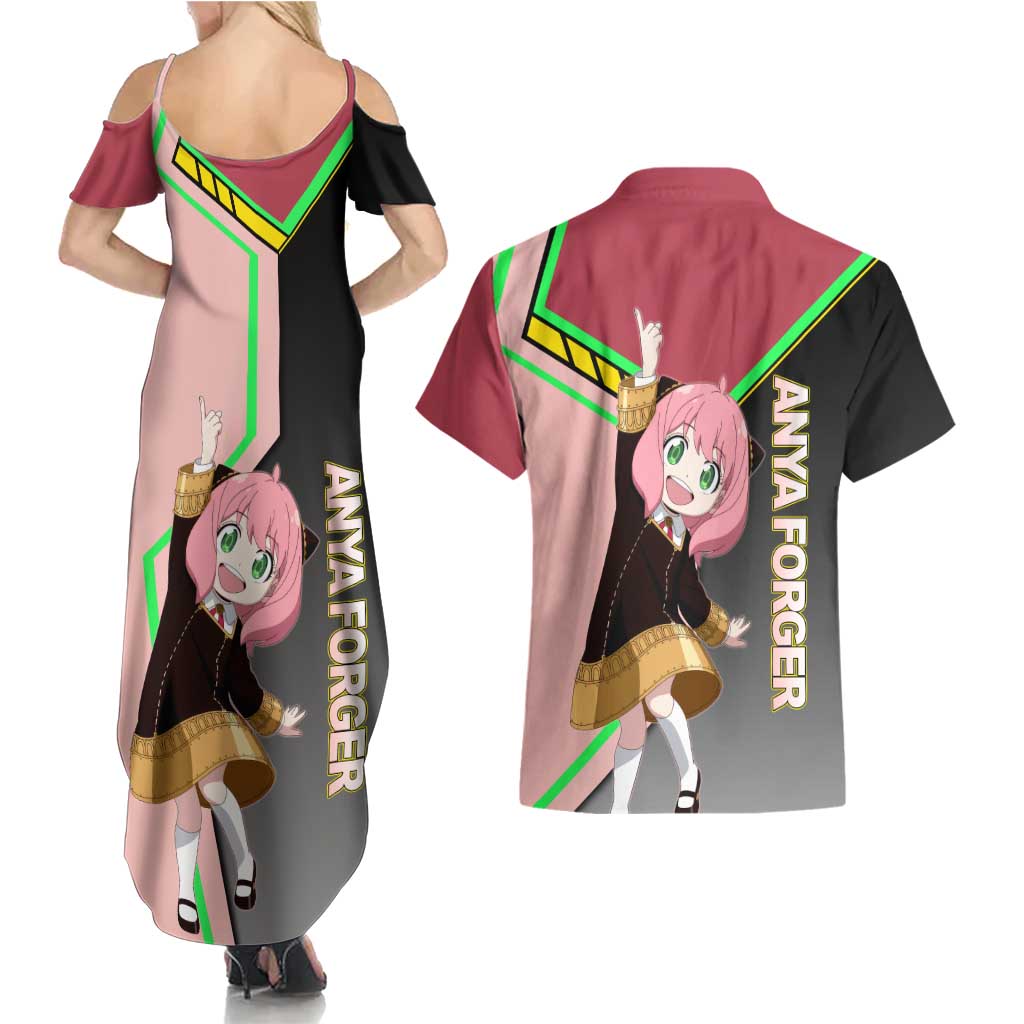 Anya Forger Spy x Family Pink and Black Theme Couples Matching Summer Maxi Dress and Hawaiian Shirt with Cheerful Pose and Cartoon Style Accents - The Mazicc