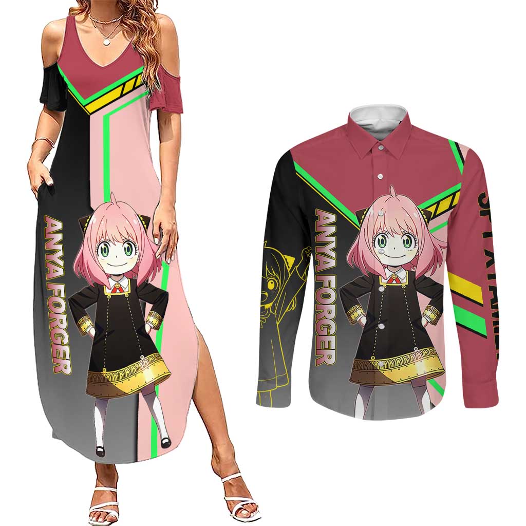Anya Forger Spy x Family Pink and Black Theme Couples Matching Summer Maxi Dress and Long Sleeve Button Shirt with Cheerful Pose and Cartoon Style Accents - The Mazicc