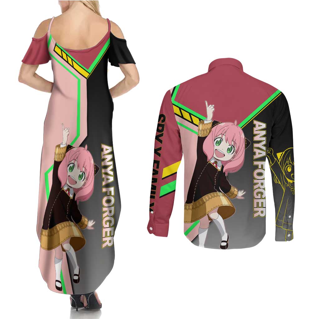 Anya Forger Spy x Family Pink and Black Theme Couples Matching Summer Maxi Dress and Long Sleeve Button Shirt with Cheerful Pose and Cartoon Style Accents - The Mazicc