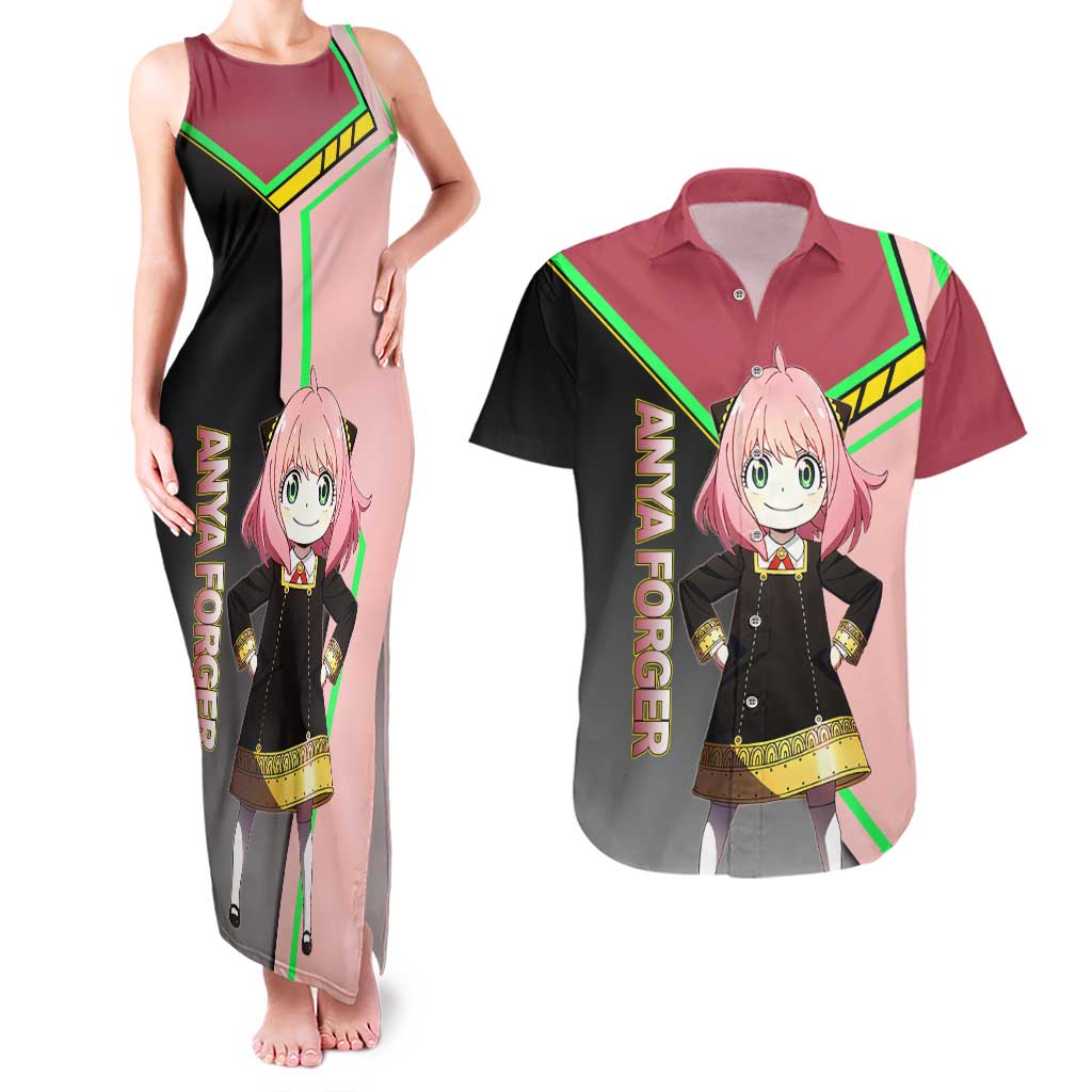 Anya Forger Spy x Family Pink and Black Theme Couples Matching Tank Maxi Dress and Hawaiian Shirt with Cheerful Pose and Cartoon Style Accents - The Mazicc
