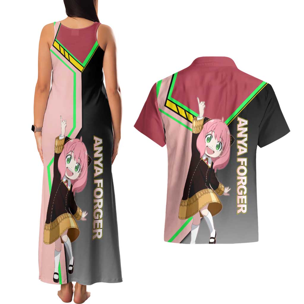 Anya Forger Spy x Family Pink and Black Theme Couples Matching Tank Maxi Dress and Hawaiian Shirt with Cheerful Pose and Cartoon Style Accents - The Mazicc