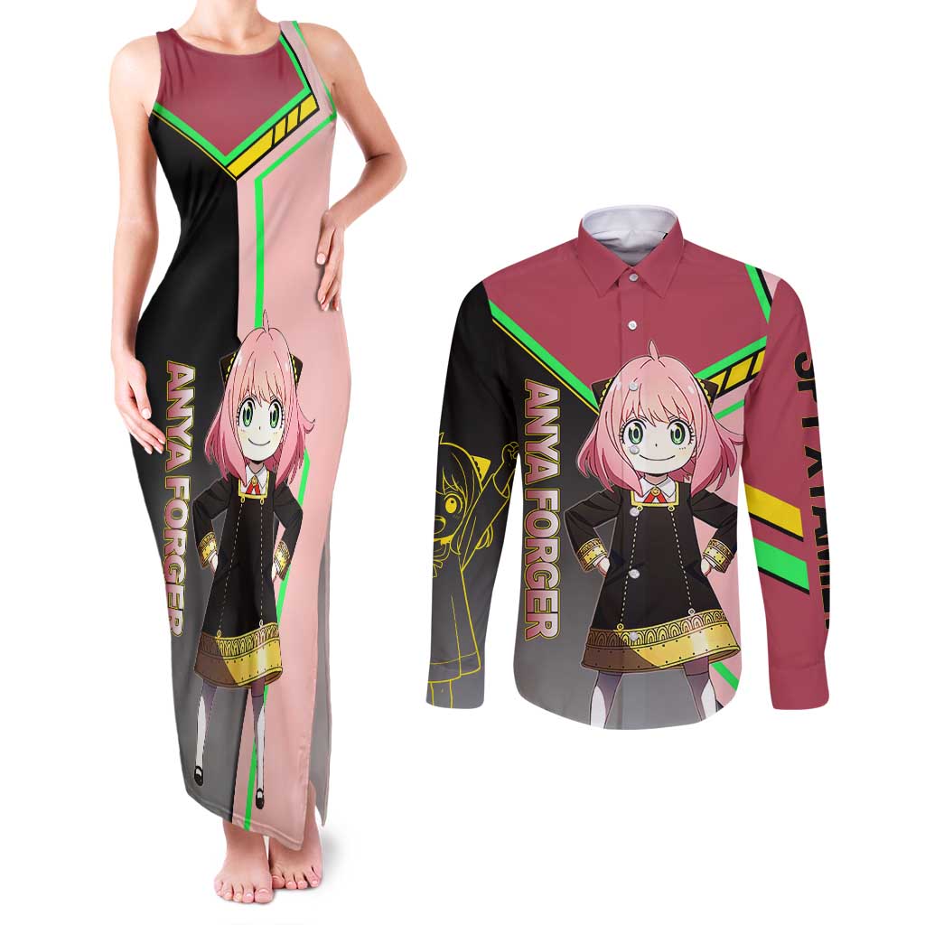 Anya Forger Spy x Family Pink and Black Theme Couples Matching Tank Maxi Dress and Long Sleeve Button Shirt with Cheerful Pose and Cartoon Style Accents - The Mazicc