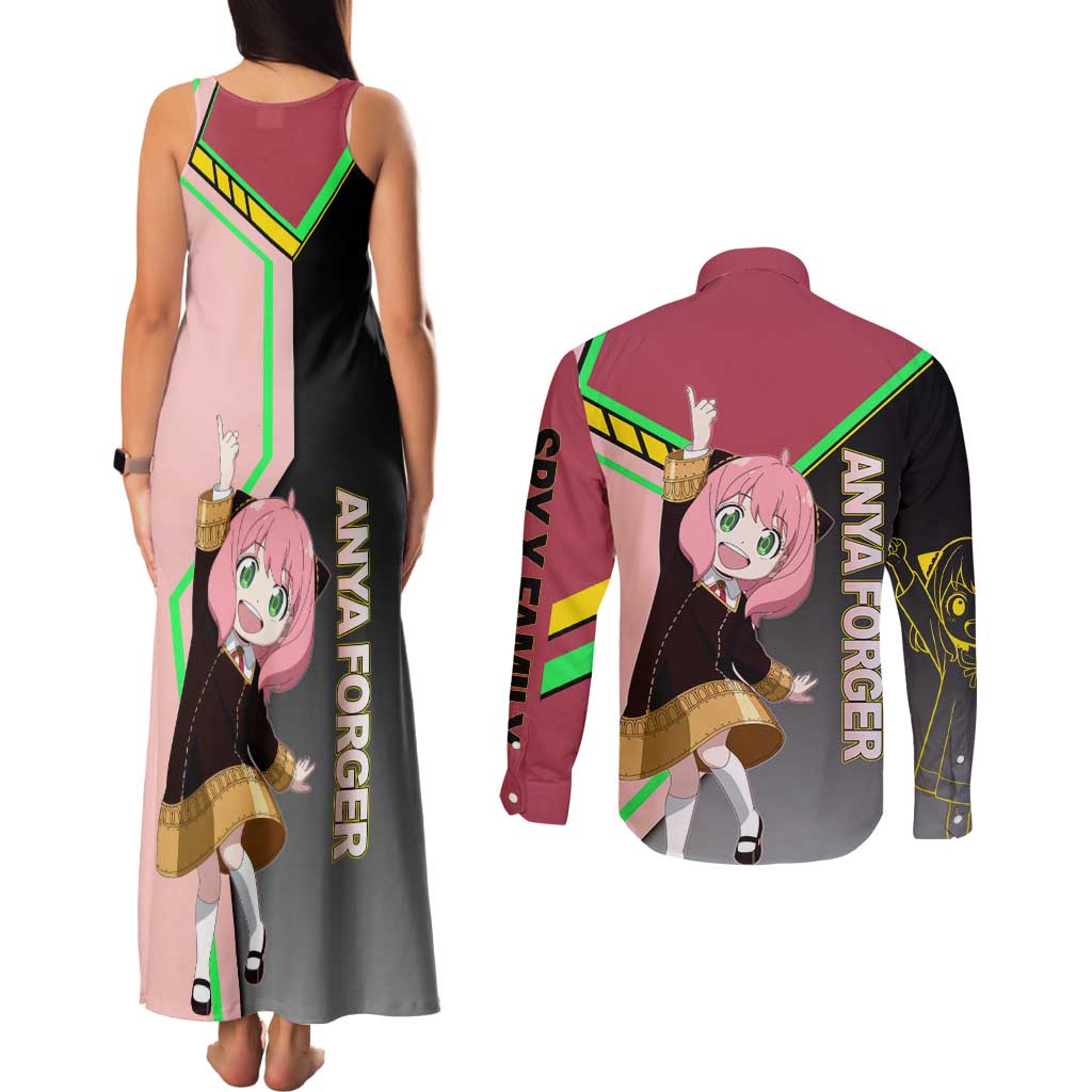 Anya Forger Spy x Family Pink and Black Theme Couples Matching Tank Maxi Dress and Long Sleeve Button Shirt with Cheerful Pose and Cartoon Style Accents - The Mazicc