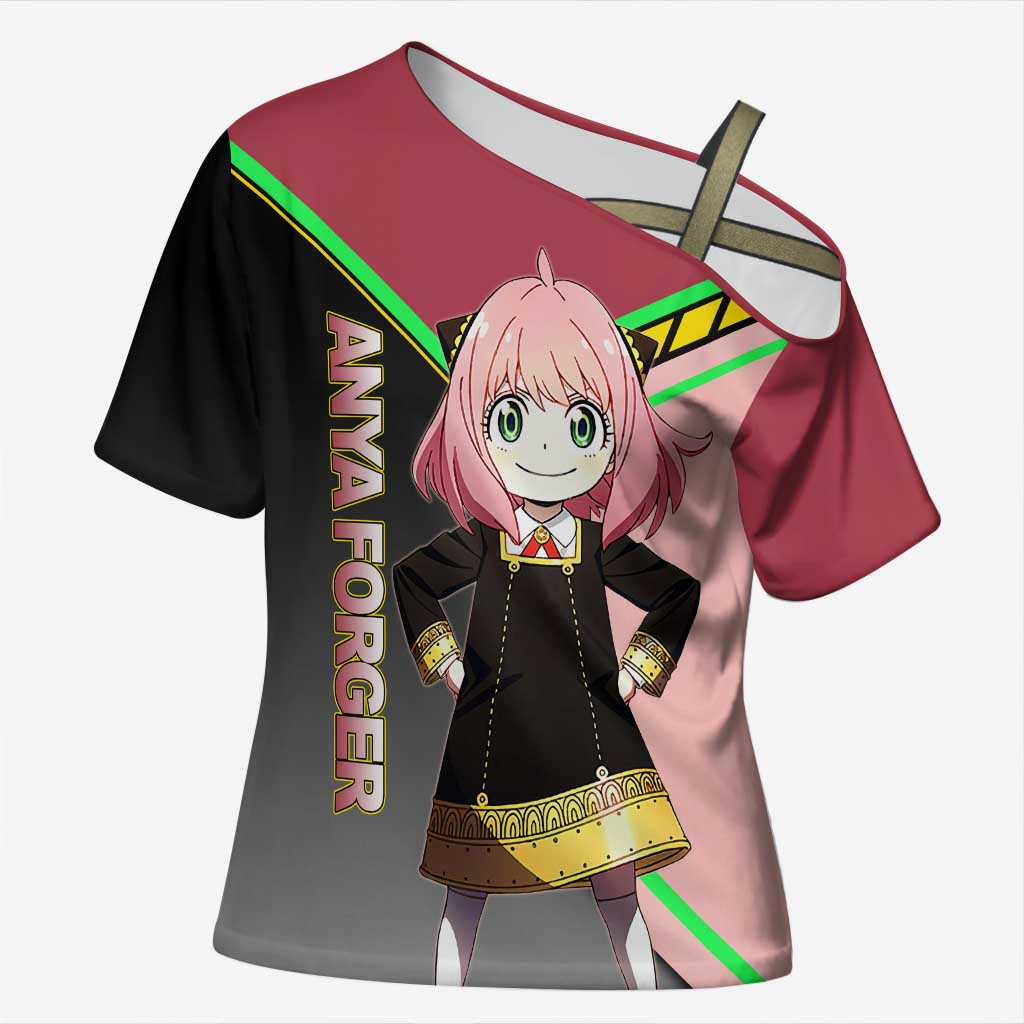 Anya Forger Spy x Family Pink and Black Theme Cross Shoulder Shirt with Cheerful Pose and Cartoon Style Accents - The Mazicc