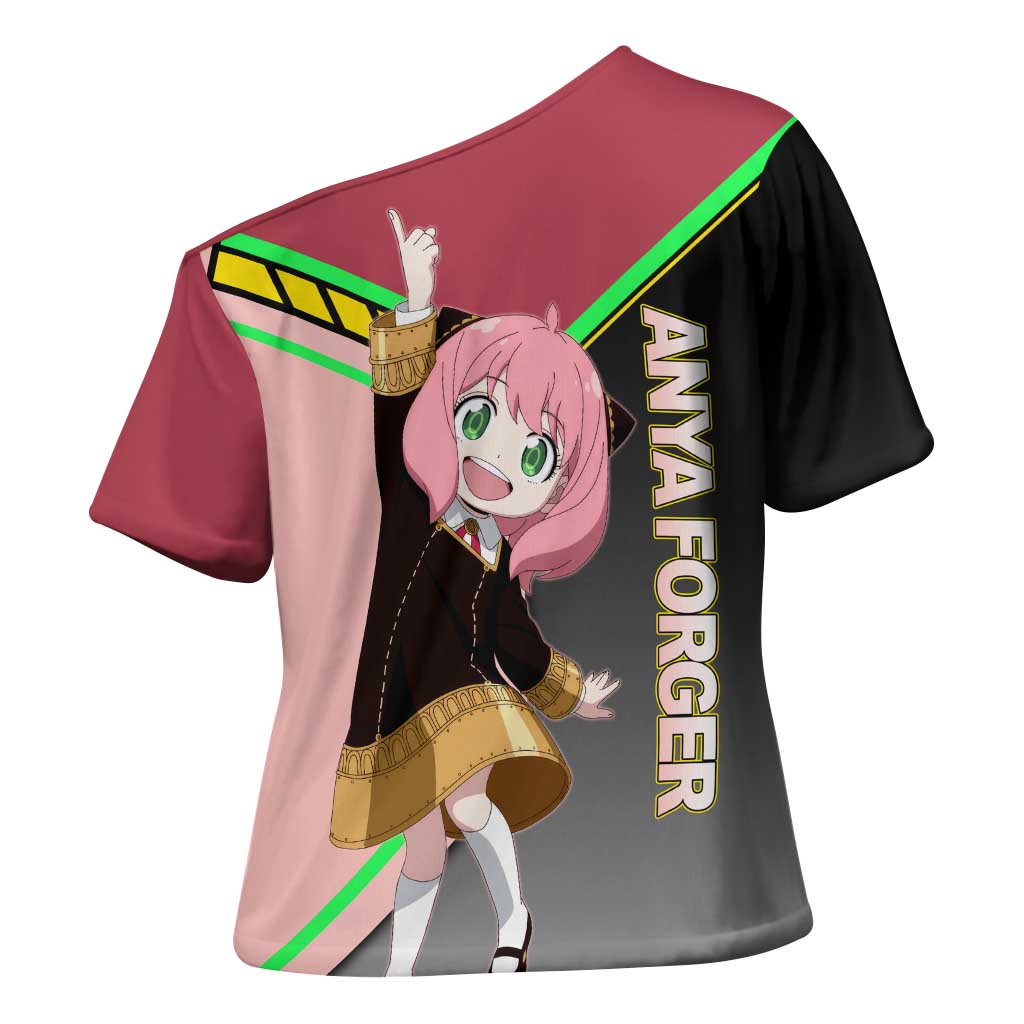Anya Forger Spy x Family Pink and Black Theme Cross Shoulder Shirt with Cheerful Pose and Cartoon Style Accents - The Mazicc