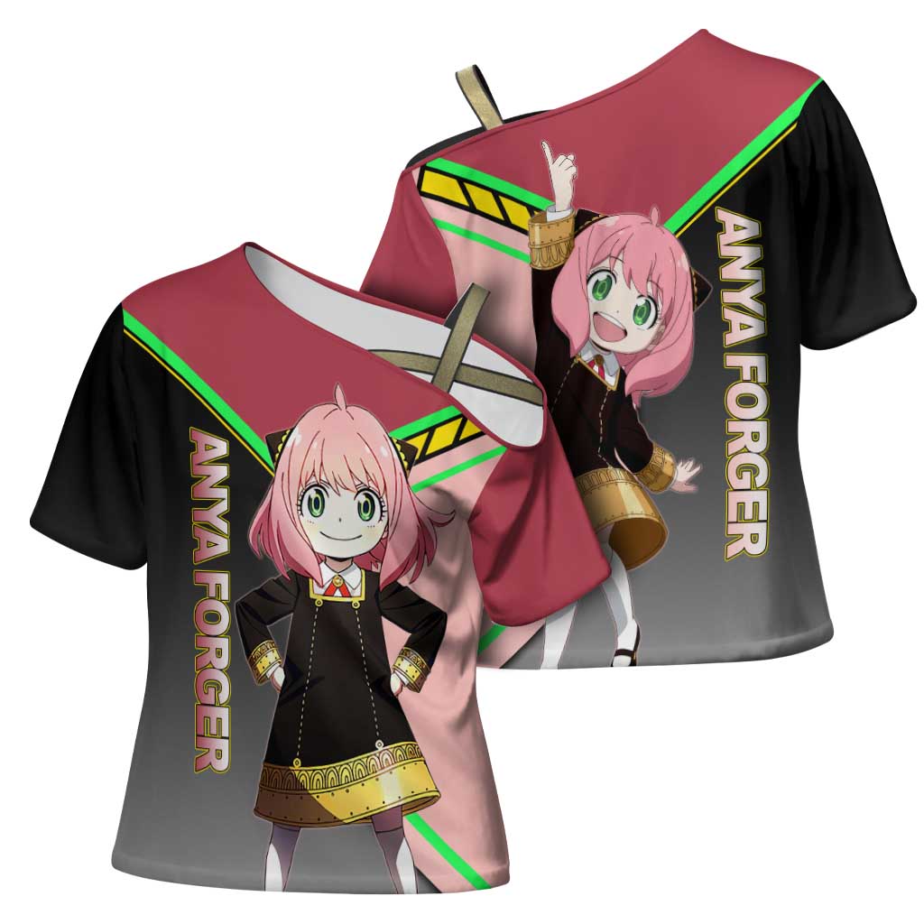 Anya Forger Spy x Family Pink and Black Theme Cross Shoulder Shirt with Cheerful Pose and Cartoon Style Accents - The Mazicc