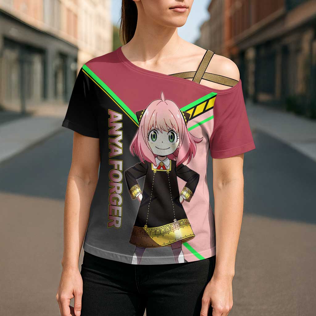 Anya Forger Spy x Family Pink and Black Theme Cross Shoulder Shirt with Cheerful Pose and Cartoon Style Accents - The Mazicc