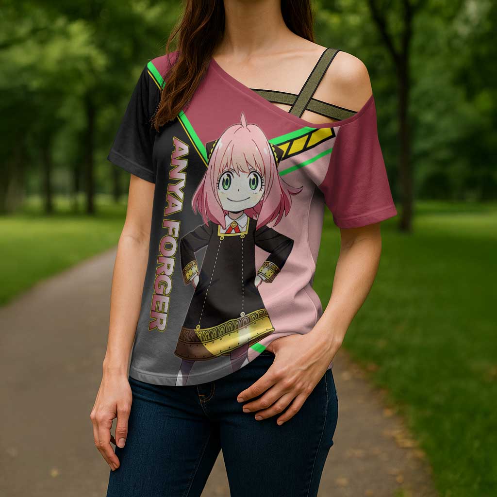 Anya Forger Spy x Family Pink and Black Theme Cross Shoulder Shirt with Cheerful Pose and Cartoon Style Accents - The Mazicc