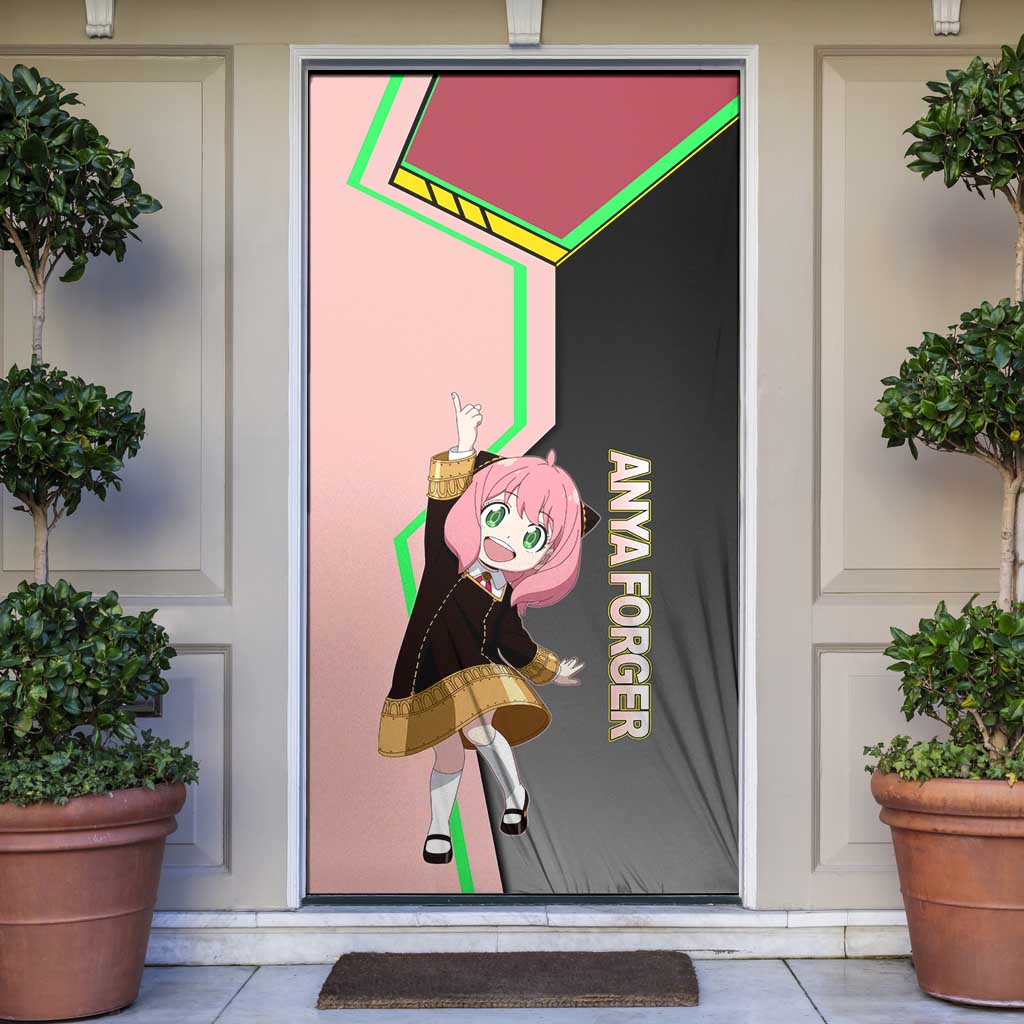 Anya Forger Spy x Family Pink and Black Theme Door Cover with Cheerful Pose and Cartoon Style Accents - The Mazicc