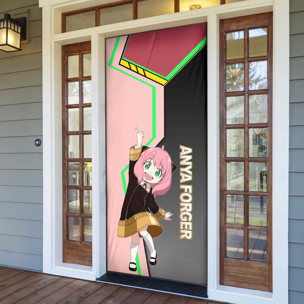 Anya Forger Spy x Family Pink and Black Theme Door Cover with Cheerful Pose and Cartoon Style Accents - The Mazicc