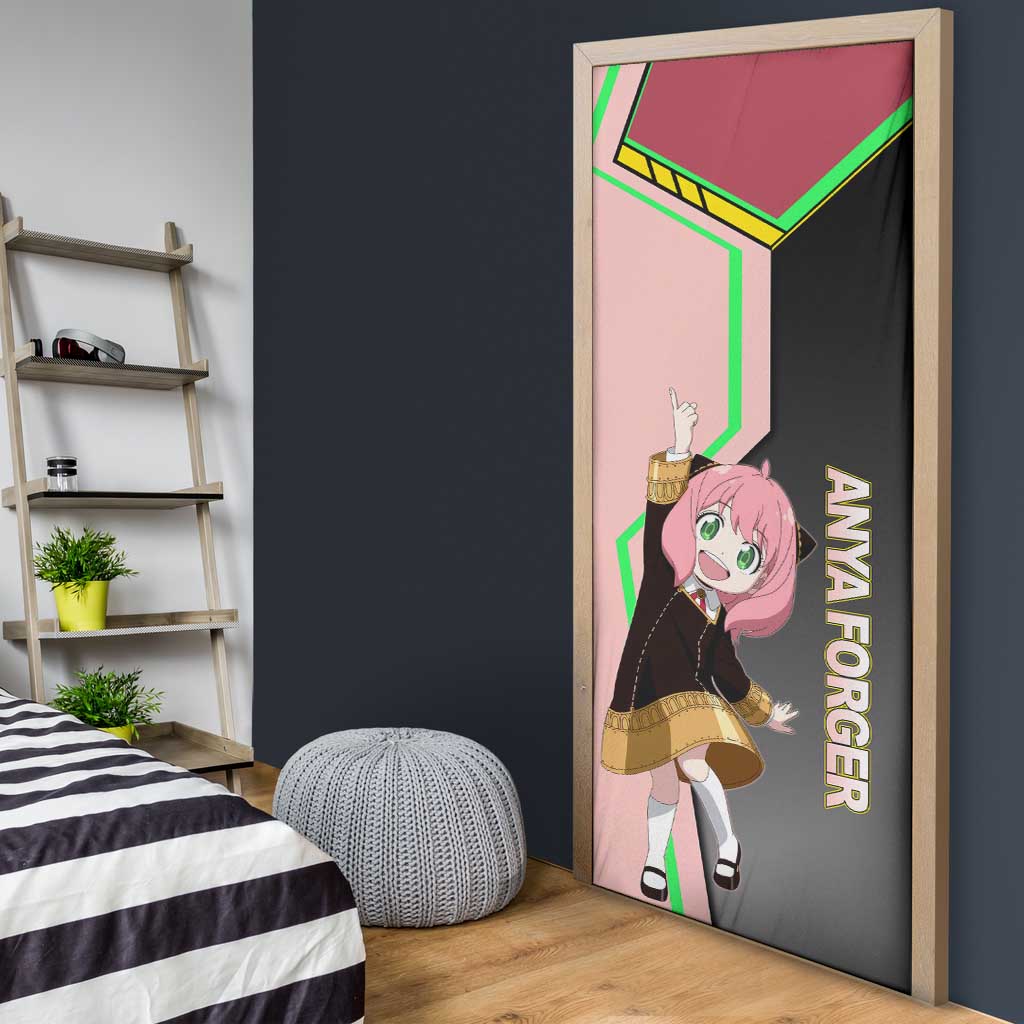 Anya Forger Spy x Family Pink and Black Theme Door Cover with Cheerful Pose and Cartoon Style Accents - The Mazicc