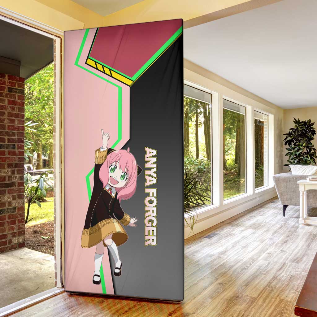 Anya Forger Spy x Family Pink and Black Theme Door Cover with Cheerful Pose and Cartoon Style Accents - The Mazicc