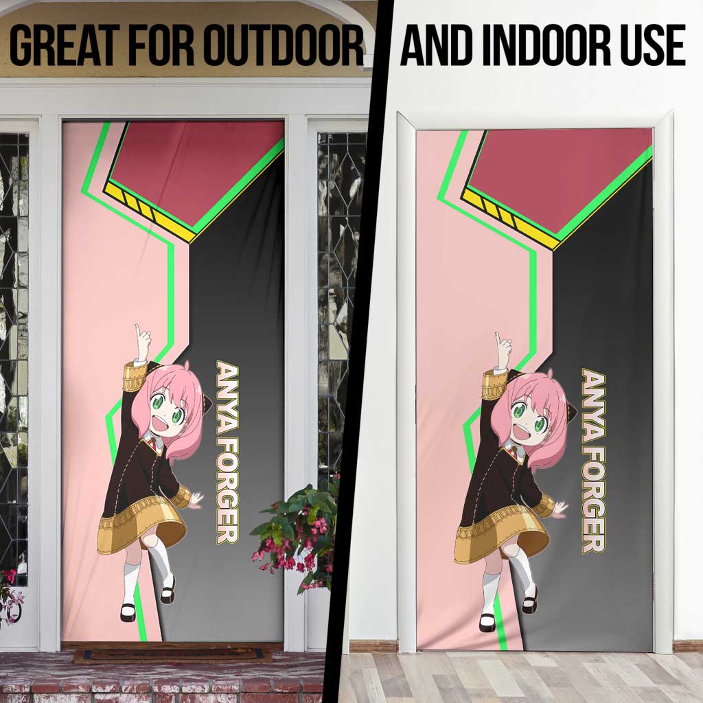 Anya Forger Spy x Family Pink and Black Theme Door Cover with Cheerful Pose and Cartoon Style Accents - The Mazicc