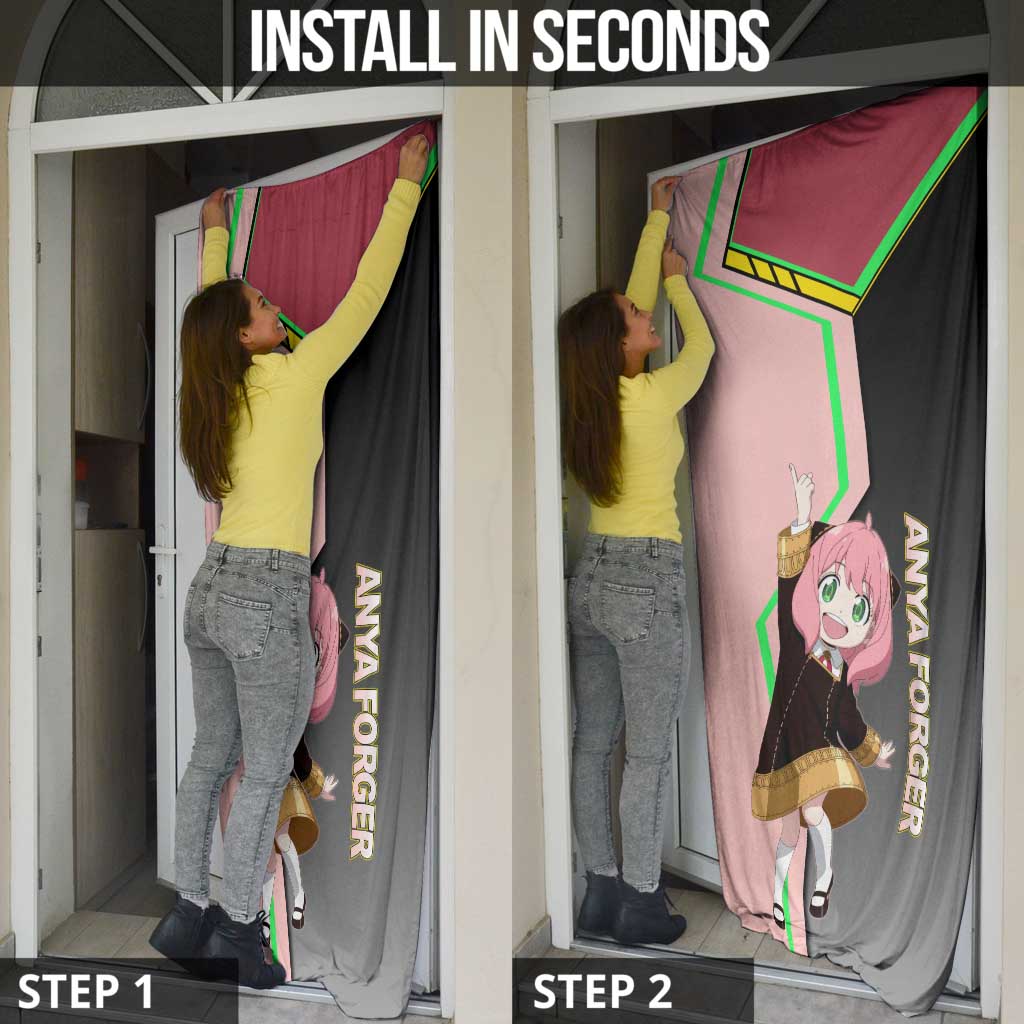 Anya Forger Spy x Family Pink and Black Theme Door Cover with Cheerful Pose and Cartoon Style Accents - The Mazicc