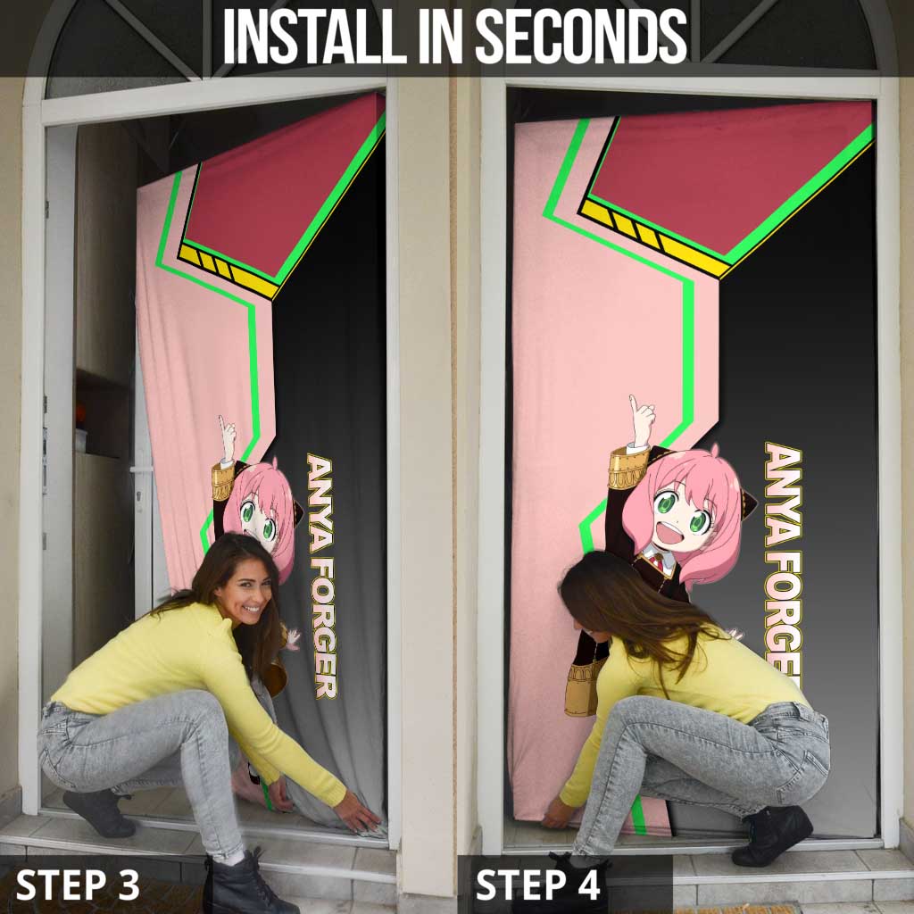 Anya Forger Spy x Family Pink and Black Theme Door Cover with Cheerful Pose and Cartoon Style Accents - The Mazicc