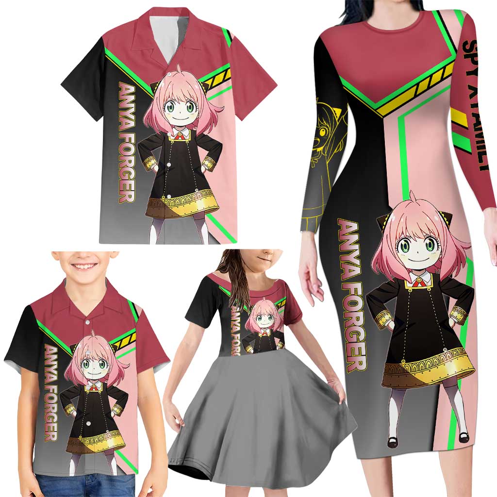 Anya Forger Spy x Family Pink and Black Theme Family Matching Long Sleeve Bodycon Dress and Hawaiian Shirt with Cheerful Pose and Cartoon Style Accents