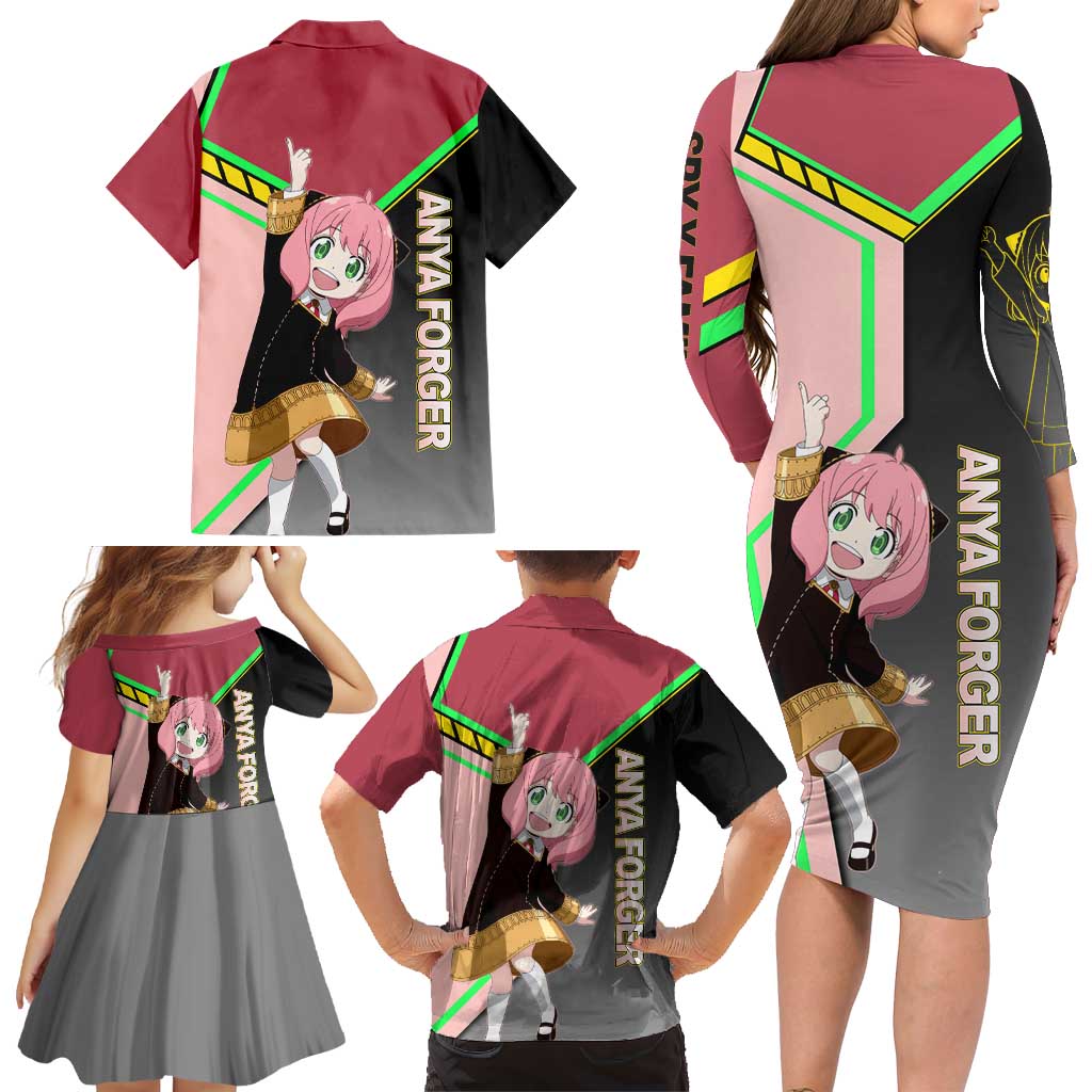 Anya Forger Spy x Family Pink and Black Theme Family Matching Long Sleeve Bodycon Dress and Hawaiian Shirt with Cheerful Pose and Cartoon Style Accents