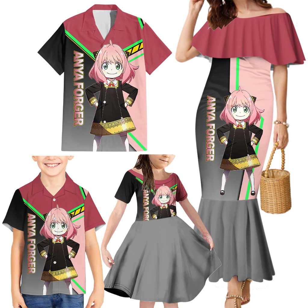 Anya Forger Spy x Family Pink and Black Theme Family Matching Mermaid Dress and Hawaiian Shirt with Cheerful Pose and Cartoon Style Accents