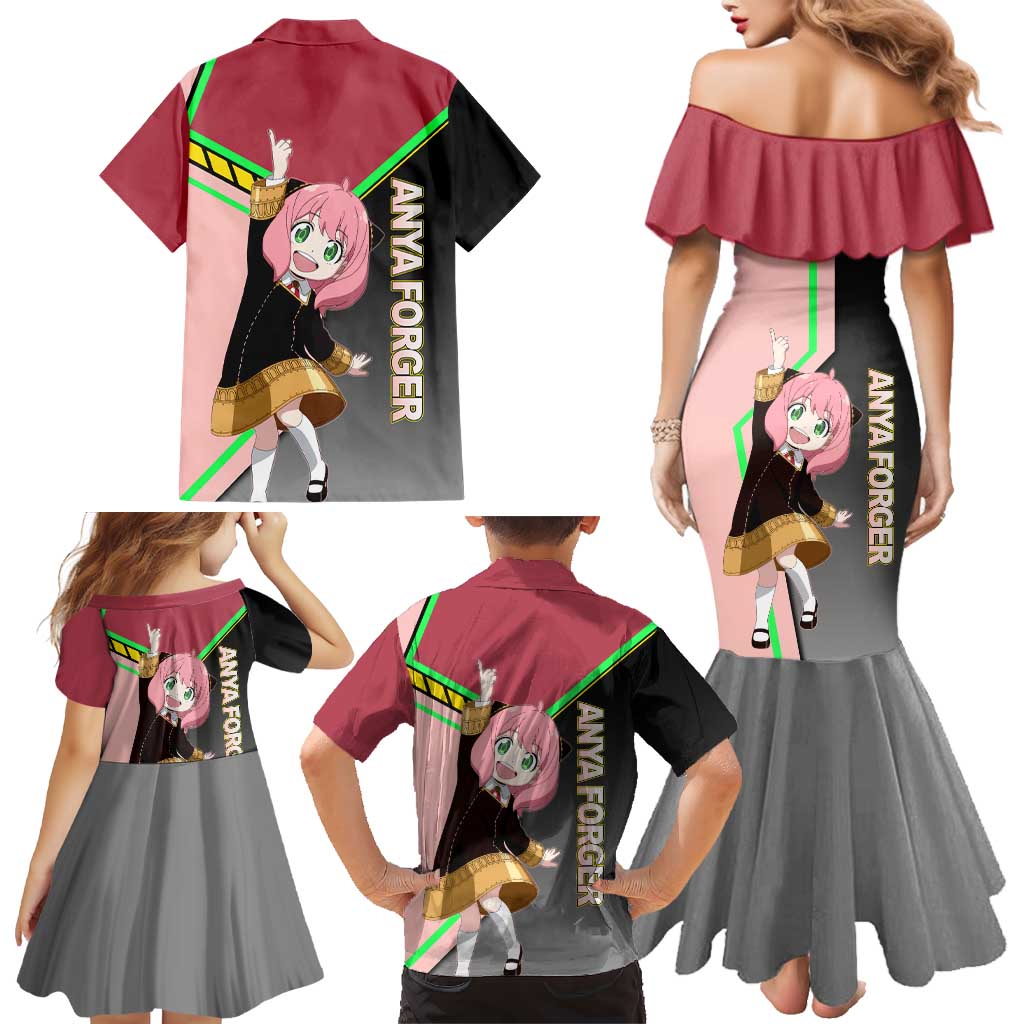 Anya Forger Spy x Family Pink and Black Theme Family Matching Mermaid Dress and Hawaiian Shirt with Cheerful Pose and Cartoon Style Accents