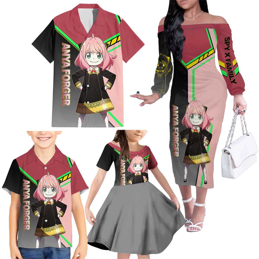 Anya Forger Spy x Family Pink and Black Theme Family Matching Off The Shoulder Long Sleeve Dress and Hawaiian Shirt with Cheerful Pose and Cartoon Style Accents