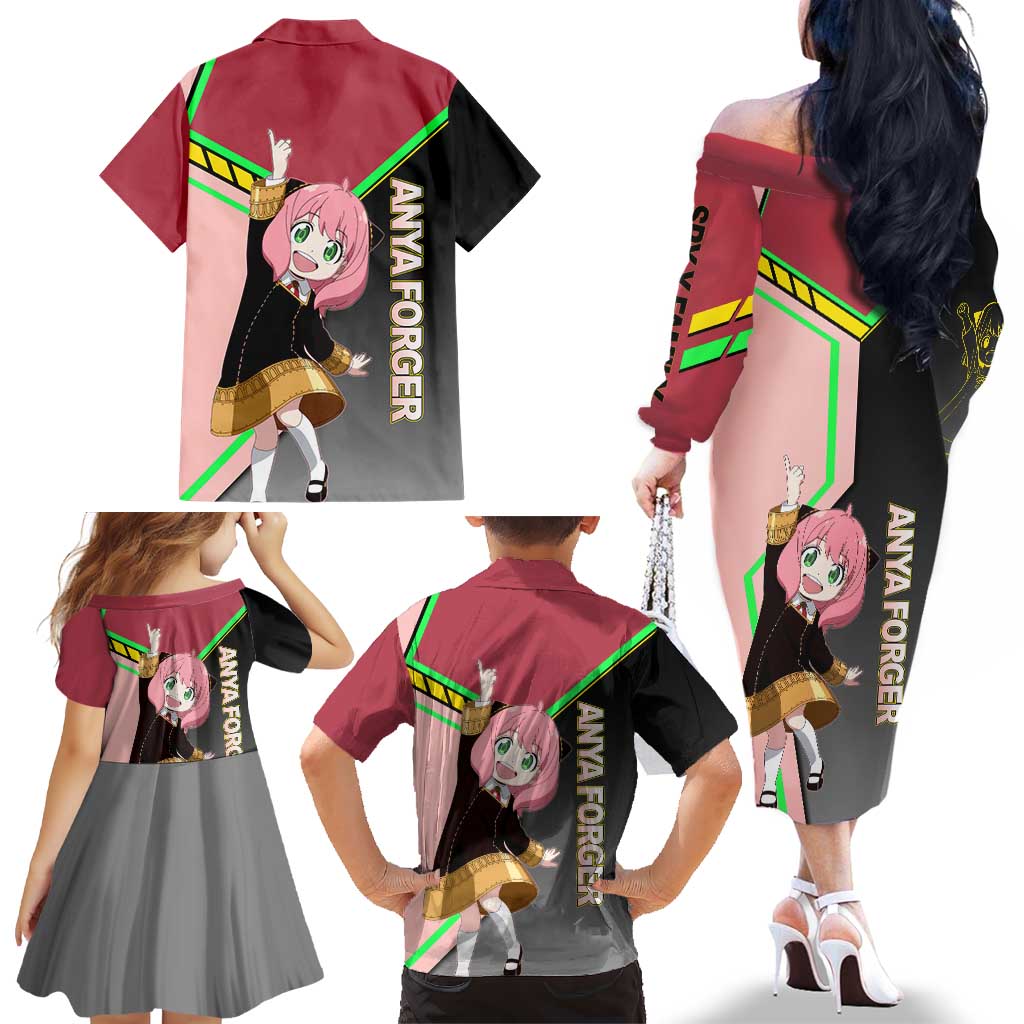 Anya Forger Spy x Family Pink and Black Theme Family Matching Off The Shoulder Long Sleeve Dress and Hawaiian Shirt with Cheerful Pose and Cartoon Style Accents