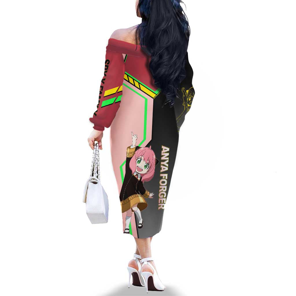 Anya Forger Spy x Family Pink and Black Theme Family Matching Off The Shoulder Long Sleeve Dress and Hawaiian Shirt with Cheerful Pose and Cartoon Style Accents