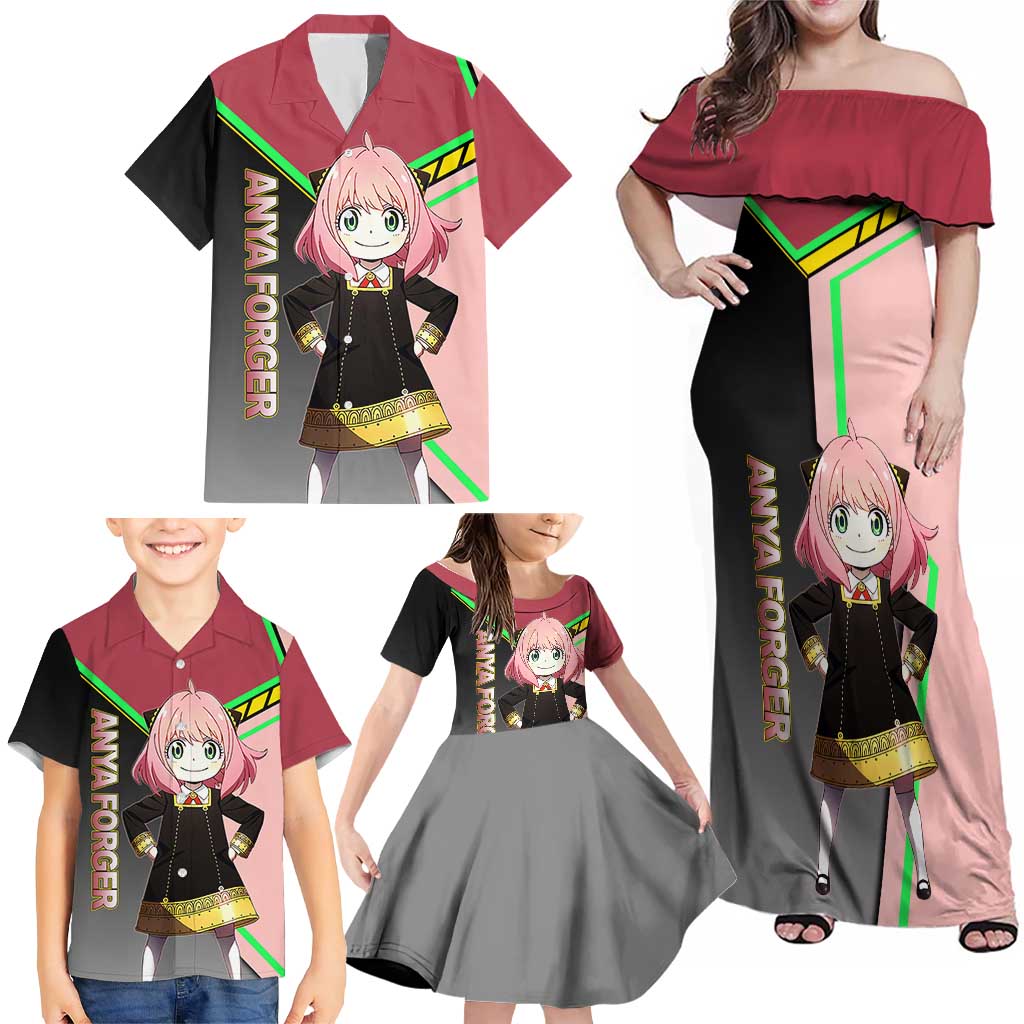 Anya Forger Spy x Family Pink and Black Theme Family Matching Off Shoulder Maxi Dress and Hawaiian Shirt with Cheerful Pose and Cartoon Style Accents