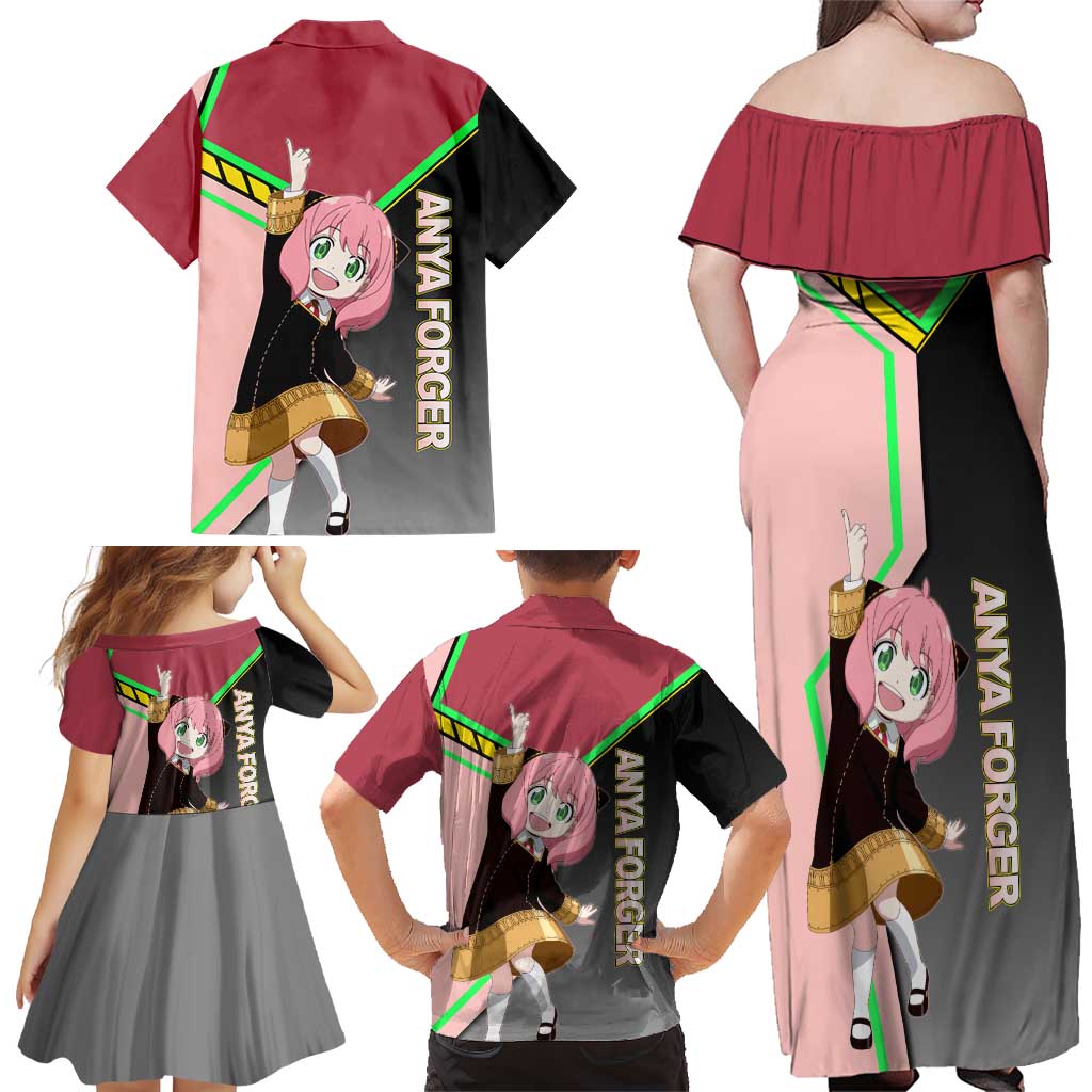 Anya Forger Spy x Family Pink and Black Theme Family Matching Off Shoulder Maxi Dress and Hawaiian Shirt with Cheerful Pose and Cartoon Style Accents