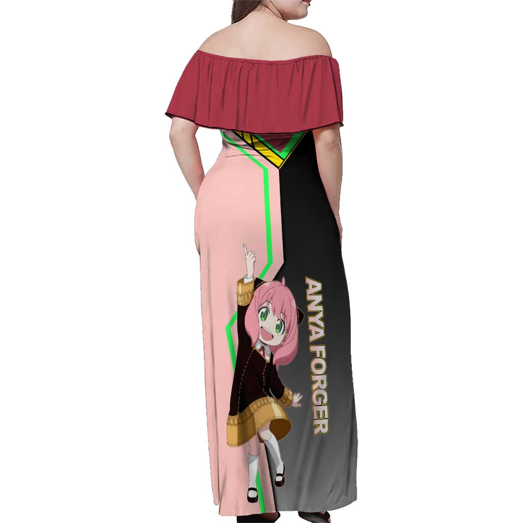Anya Forger Spy x Family Pink and Black Theme Family Matching Off Shoulder Maxi Dress and Hawaiian Shirt with Cheerful Pose and Cartoon Style Accents