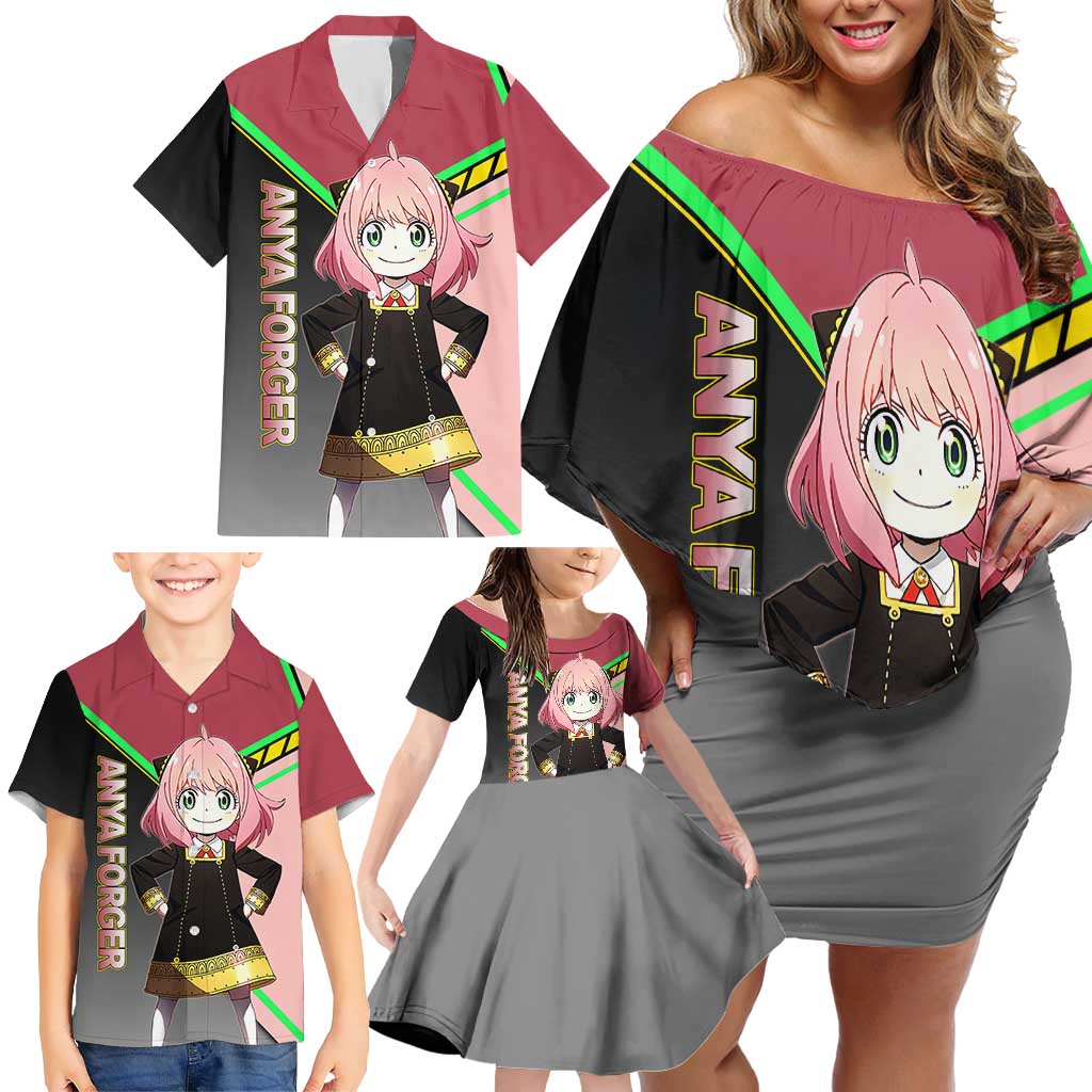 Anya Forger Spy x Family Pink and Black Theme Family Matching Off Shoulder Short Dress and Hawaiian Shirt with Cheerful Pose and Cartoon Style Accents