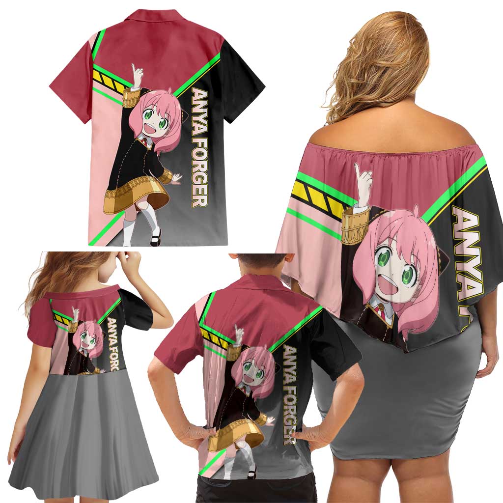 Anya Forger Spy x Family Pink and Black Theme Family Matching Off Shoulder Short Dress and Hawaiian Shirt with Cheerful Pose and Cartoon Style Accents