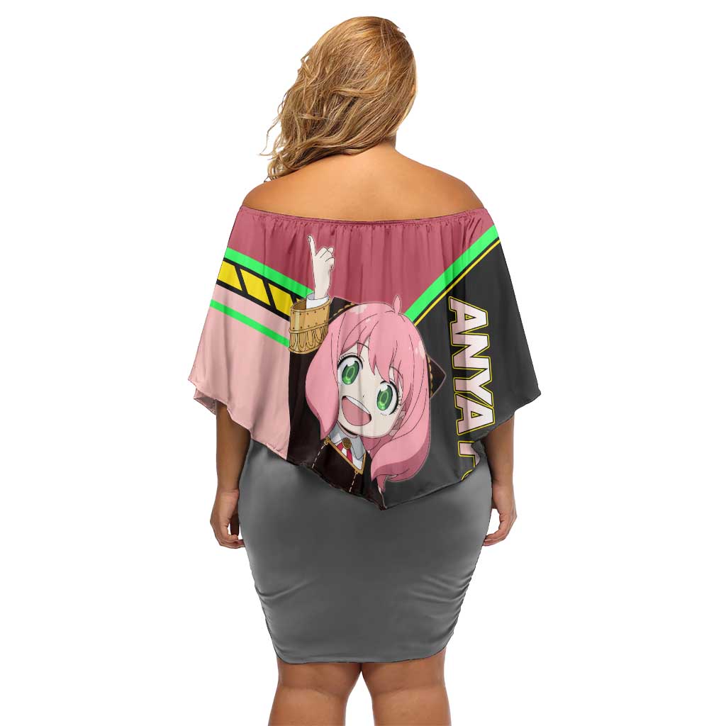 Anya Forger Spy x Family Pink and Black Theme Family Matching Off Shoulder Short Dress and Hawaiian Shirt with Cheerful Pose and Cartoon Style Accents