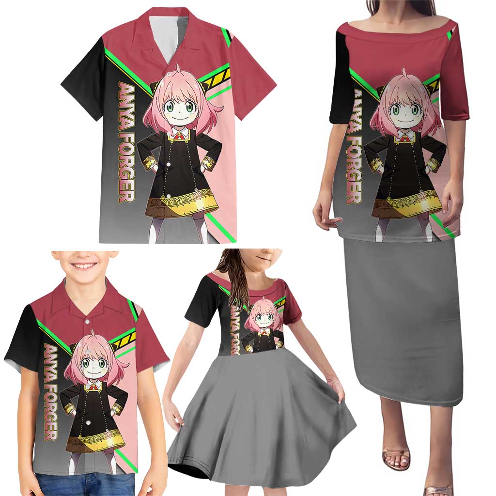 Anya Forger Spy x Family Pink and Black Theme Family Matching Puletasi and Hawaiian Shirt with Cheerful Pose and Cartoon Style Accents
