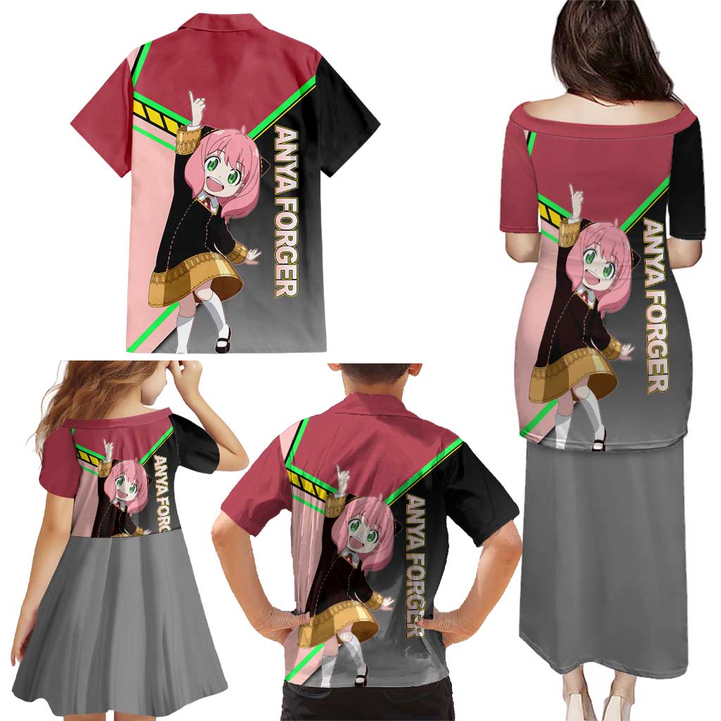 Anya Forger Spy x Family Pink and Black Theme Family Matching Puletasi and Hawaiian Shirt with Cheerful Pose and Cartoon Style Accents