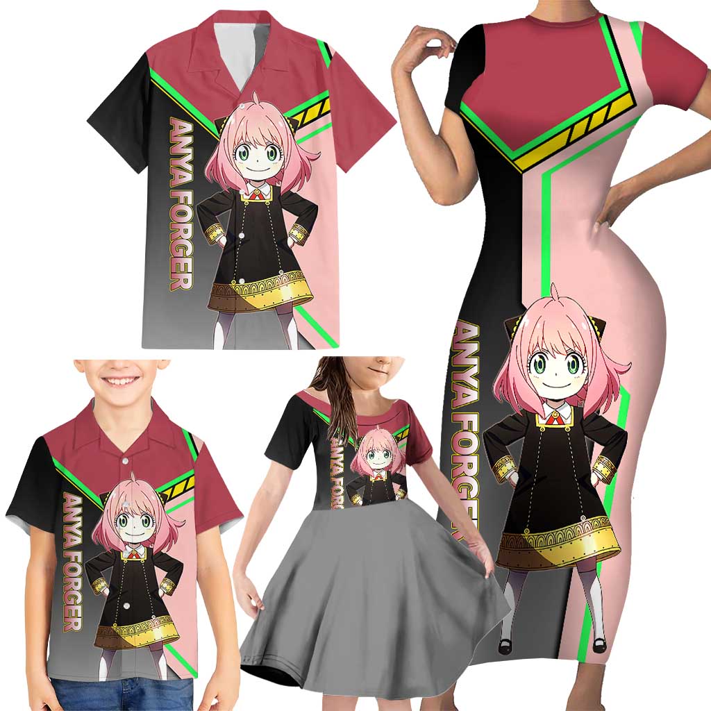 Anya Forger Spy x Family Pink and Black Theme Family Matching Short Sleeve Bodycon Dress and Hawaiian Shirt with Cheerful Pose and Cartoon Style Accents