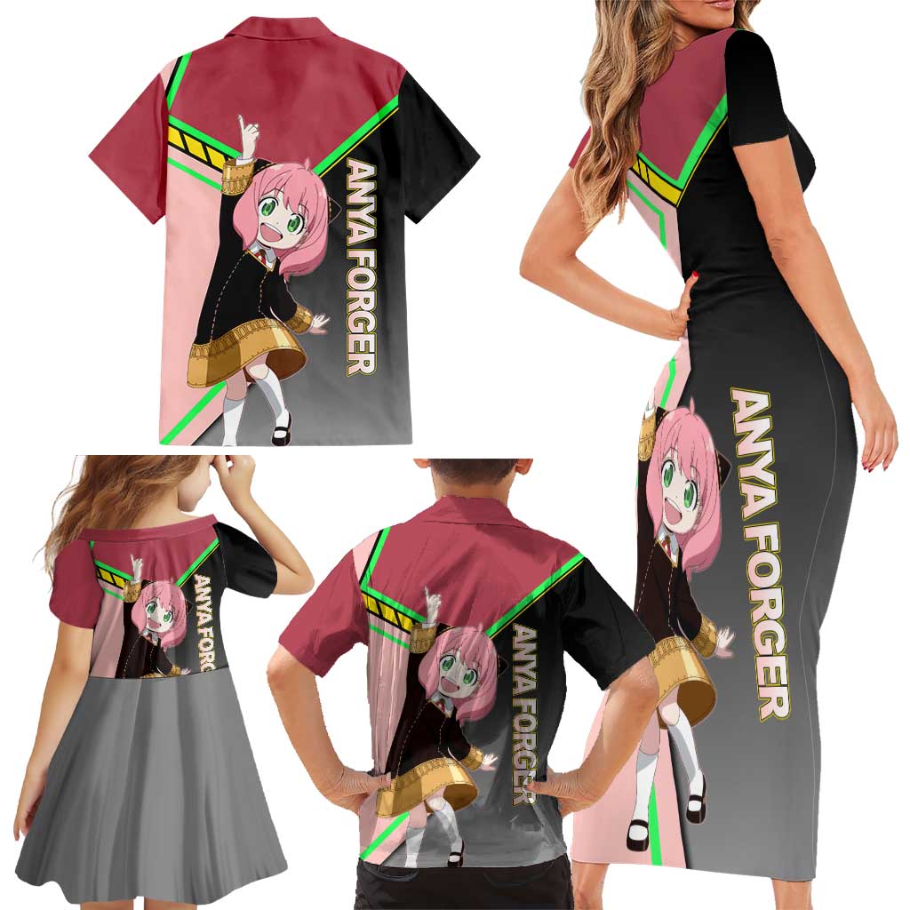 Anya Forger Spy x Family Pink and Black Theme Family Matching Short Sleeve Bodycon Dress and Hawaiian Shirt with Cheerful Pose and Cartoon Style Accents